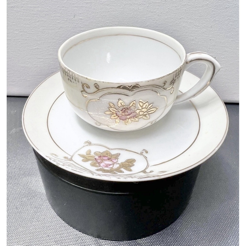 Vintage Occupied Japan Hand Painted Gold China Teacup & Saucer Pink Floral